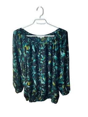 Cleo Teal and Green Floral Sheer Peasant Top size XL tie front